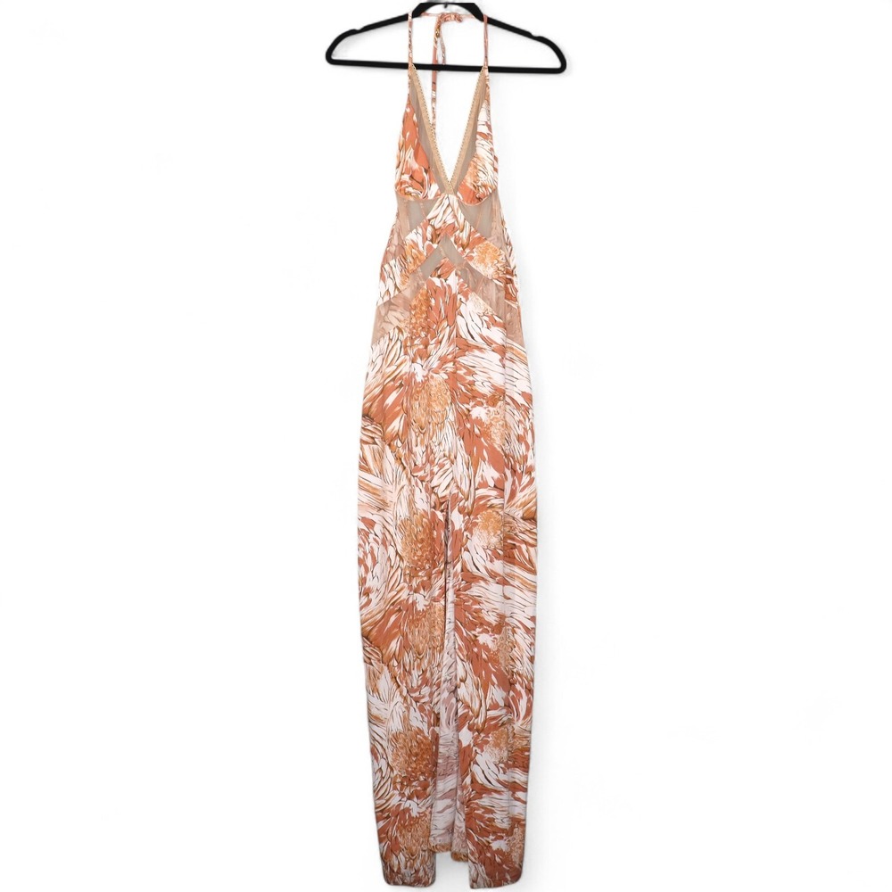 Luli Fama Maxi Dress Womens Size XS Brown Feathers Halter Sheer Panels Slit